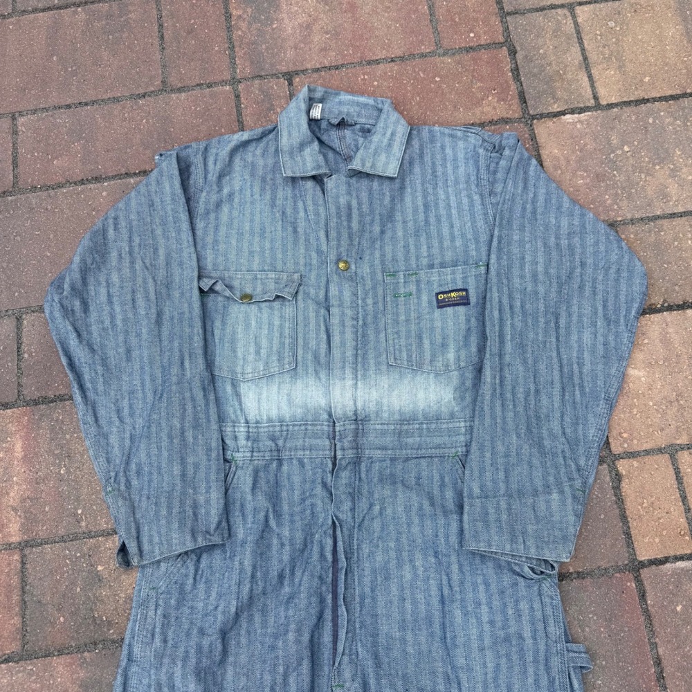 Vintage 70s OshKosh Bgosh Herringbone Twill Coveralls Blue 36x30 Talon Zip
